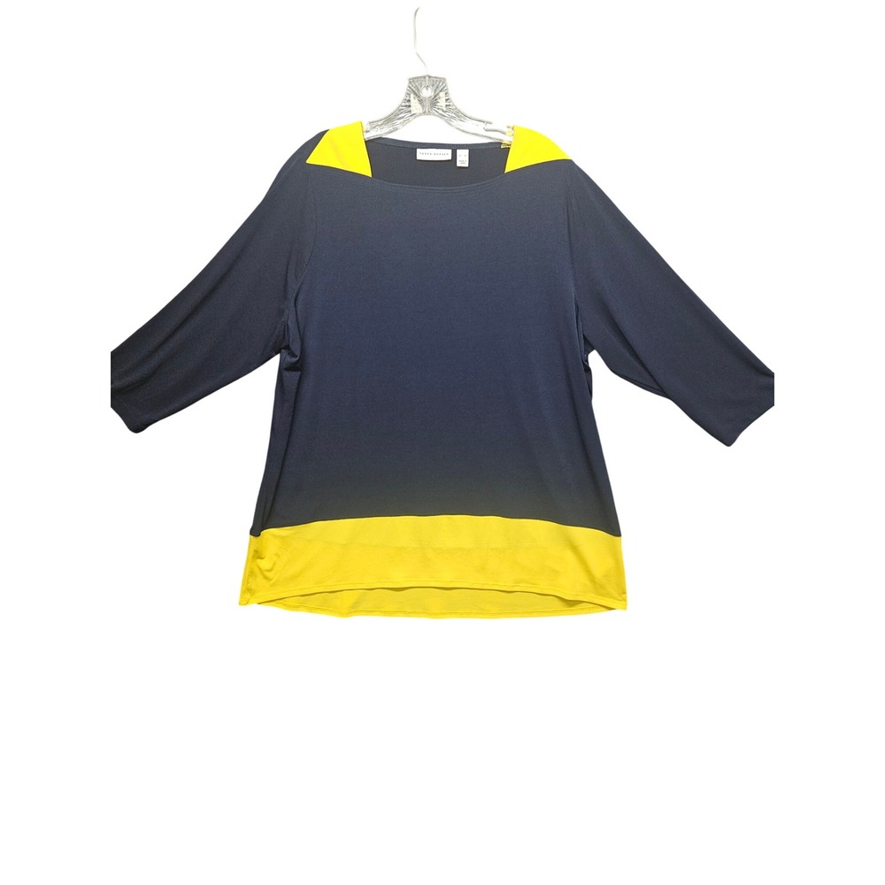 Susan Graver Navy Blue Yellow Color Block Liquid Knit Tunic Top XL